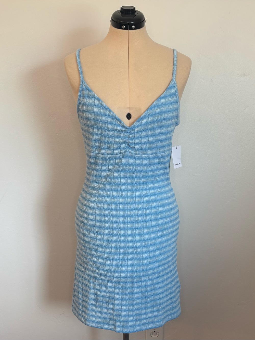NWT O’Neill Kasey Blue Soft Textured Ribbed Knit Mini Dress, Fitted, V-neck, M